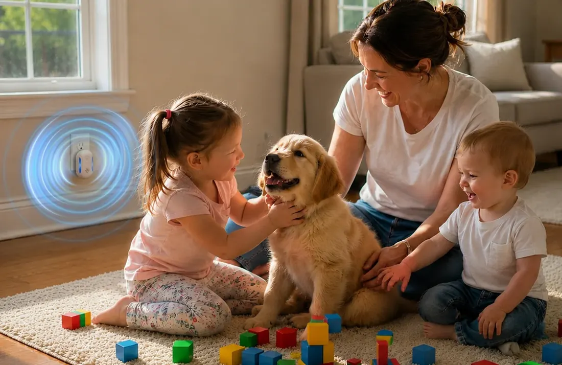 Family playing on the living room floor with a Vermix unit plugged in nearby